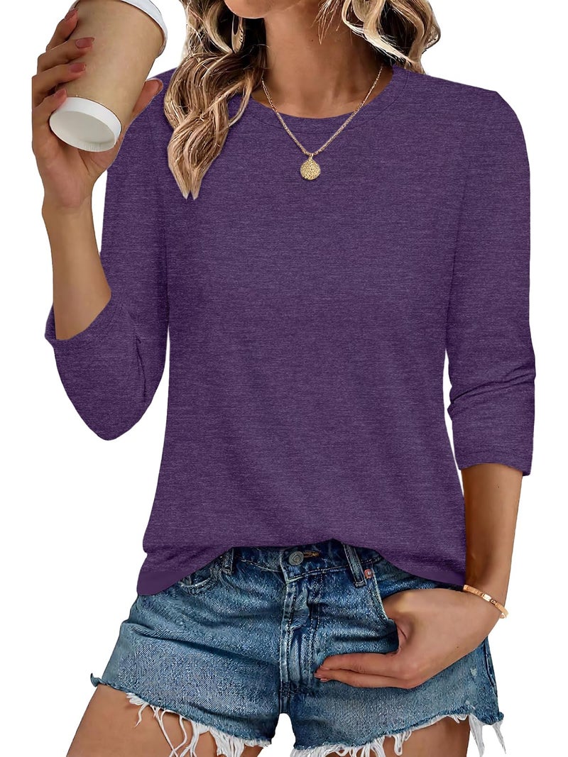 CHICGAL Women 3/4 Sleeve Shirts Casual Dressy Crew Neck Tunic Tops Basic Blouse Loose Fit(Purple, L) - Image 1