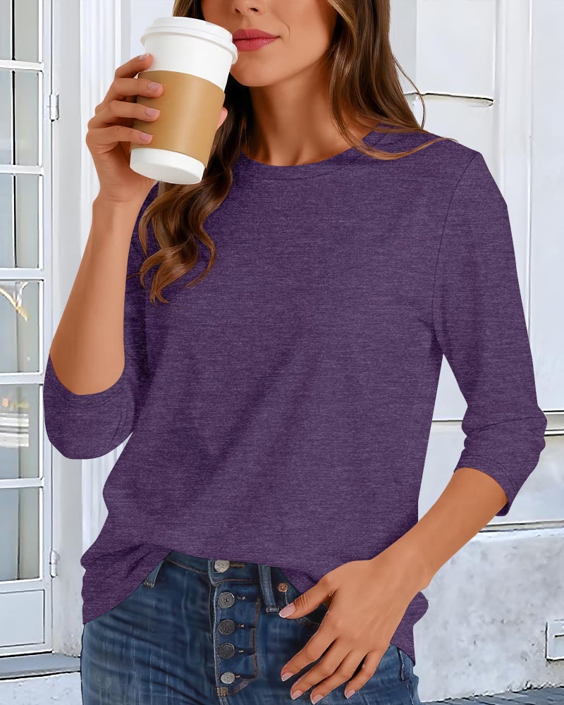 CHICGAL Women 3/4 Sleeve Shirts Casual Dressy Crew Neck Tunic Tops Basic Blouse Loose Fit(Purple, L) - Image 2
