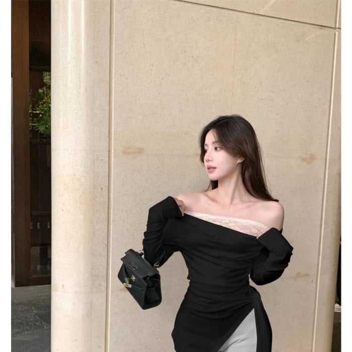 Asymmetrical Long-Sleeve Lace Patchwork T-Shirt Slim-Fit Fake Two-Piece Top For Girls - Image 1