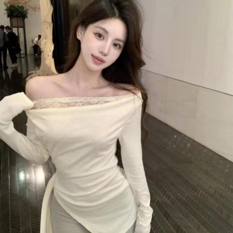 Asymmetrical Long-Sleeve Lace Patchwork T-Shirt Slim-Fit Fake Two-Piece Top For Girls - Image 5