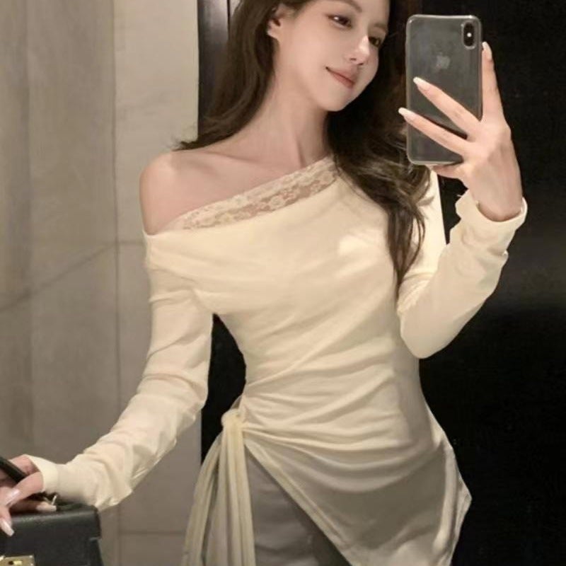 Asymmetrical Long-Sleeve Lace Patchwork T-Shirt Slim-Fit Fake Two-Piece Top For Girls - Image 2