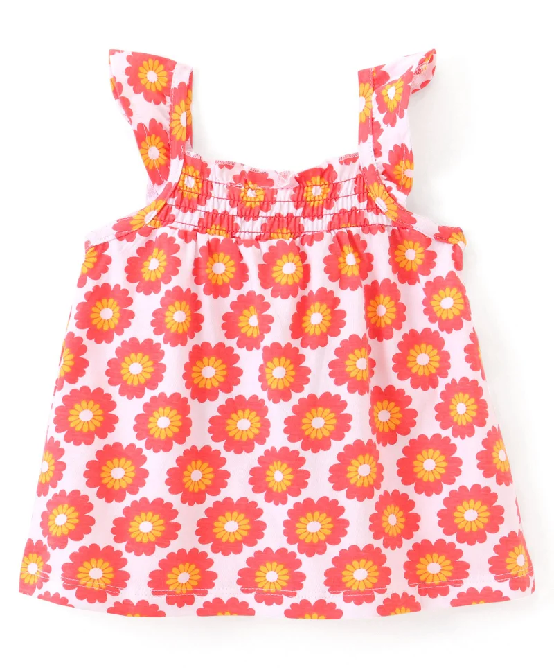 babyhug Babyhug Cotton Knit Sleeveless Top with Smocking & Floral Print - White