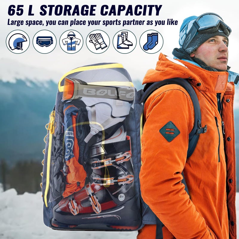 RESVIN Ski Boot Bag, 65L Durable Travel Backpack, 1686D Nylon Waterproof Snowboard Boot Bag, Skiing and Snowboarding Travel Luggage for Helmet, Goggles, Gloves, Outerwear & Accessories - Image 2