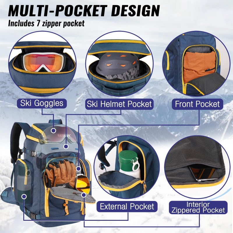 RESVIN Ski Boot Bag, 65L Durable Travel Backpack, 1686D Nylon Waterproof Snowboard Boot Bag, Skiing and Snowboarding Travel Luggage for Helmet, Goggles, Gloves, Outerwear & Accessories - Image 4