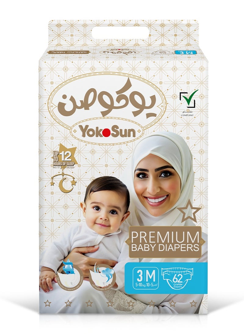 YokoSun Premium Baby Diapers, Size 3 / M (5-10 kg), 62 pcs – Ultra-Soft, Hypoallergenic Nappies, Japanese Quality for Baby Skin Care, Leakproof with 12-Hour Dryness Protection - Image 1
