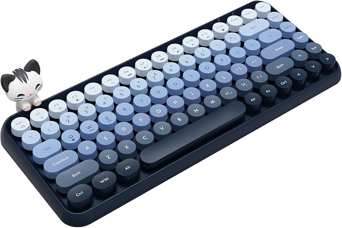 FELiCON 308i لوحة المفاتيح اللاسلكية الرجعية ، لوحة المفاتيح الكمبيوتر لطيف بلوتوث صامتة مع غطاء المفاتيح المدمجة جولة بانك ، ماتي الملمس ، تصميم الآلة الكاتبة ، QWERTY للكمبيوتر الشخصي ، الكمبيوتر المحمول ، ماك - أزرق - Image 1