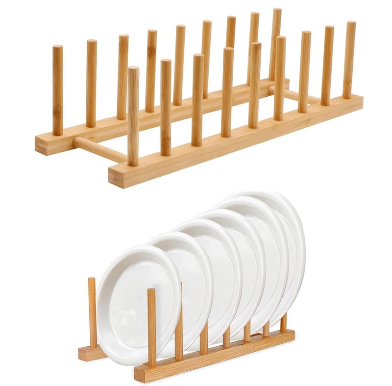 CURATED CART Bamboo Wooden Plate Stand Rack - Plate Stand for Dining Table, Kitchen Cabinet Organizer for Dish, Plate, Cup, Mug, and Bowl Storage - 8 Adjustable Slots (13x40cm) - Image 1