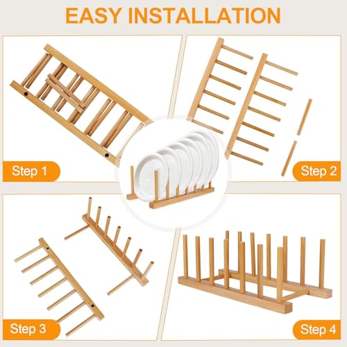 CURATED CART Bamboo Wooden Plate Stand Rack - Plate Stand for Dining Table, Kitchen Cabinet Organizer for Dish, Plate, Cup, Mug, and Bowl Storage - 8 Adjustable Slots (13x40cm) - Image 3