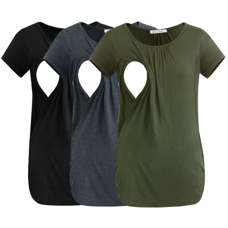 Smallshow Womens Nursing Tops Ruched Short Sleeve Breastfeeding Shirts 3Pack Army GreenBlackDeep Grey Large