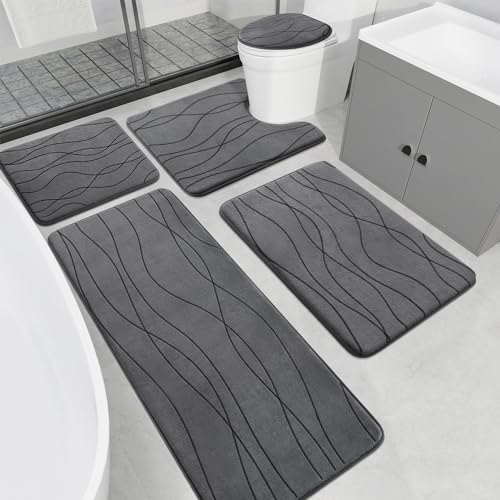 YIHOUSE Memory Foam Grey Bathroom Rug Sets 5 Piece Ultra Absorbent Bath Mat for Bathroom NonSlip Machine Washable Dry Quickly 5 Piece Bathroom Mat Set Dark Grey - Image 1