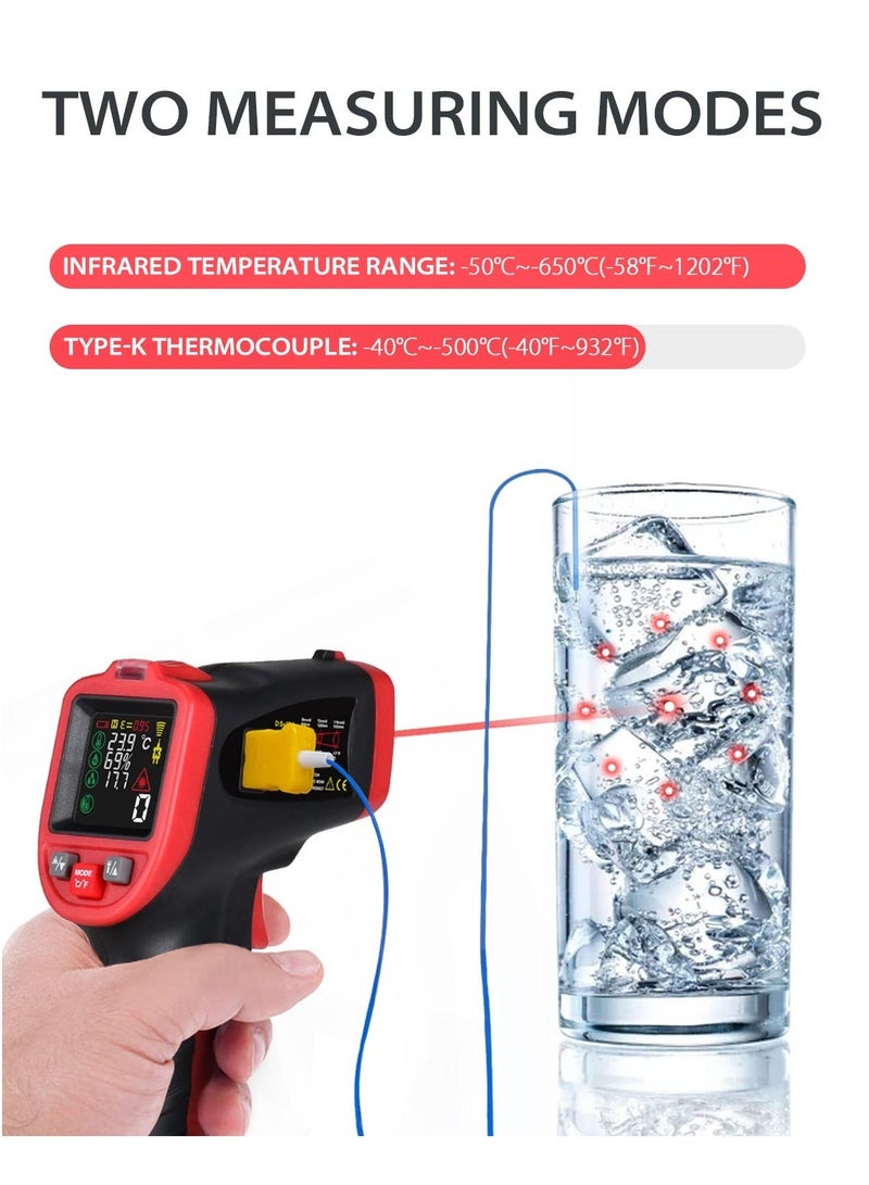 Infrared Thermometer Gun -58°F to 1202°F, Pyrometer IR Laser Thermal Gun for Mould Detection with Humidity & Dew Point Alarm - K-Type Thermocouple Probe for Ambient & Surface Temp - Image 2