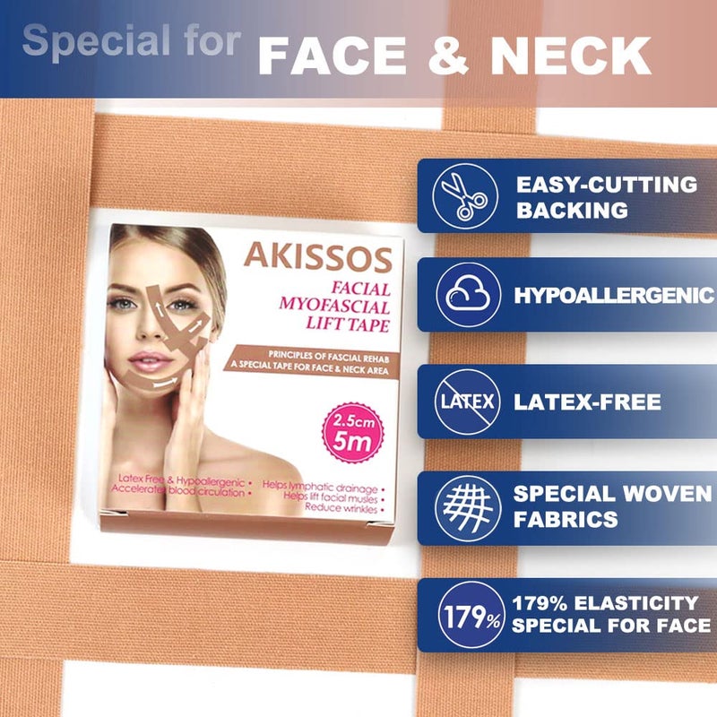 Akissos شريط رفع الوجه أكيسوس لرفع الوجه وشد الوجه وأحزمة تنغيم الوجه و لاصقات مضادة للتجاعيد وملصقات مضادة للتجمد وشريط رفع الرقبة للرجال والنساء لتثبيت وشد البشرة 2.5 سم * 5 م - Image 4