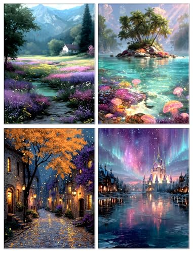 LYADH 4 Pack 5D Diamond Painting Kits for Adults Four Seasons Landscape DIY Diamond Art Full Drill Spring Summer Autumn Winter Pictures Crystal Gem Art for Home Wall Decor 12x16 Inches - Image 1