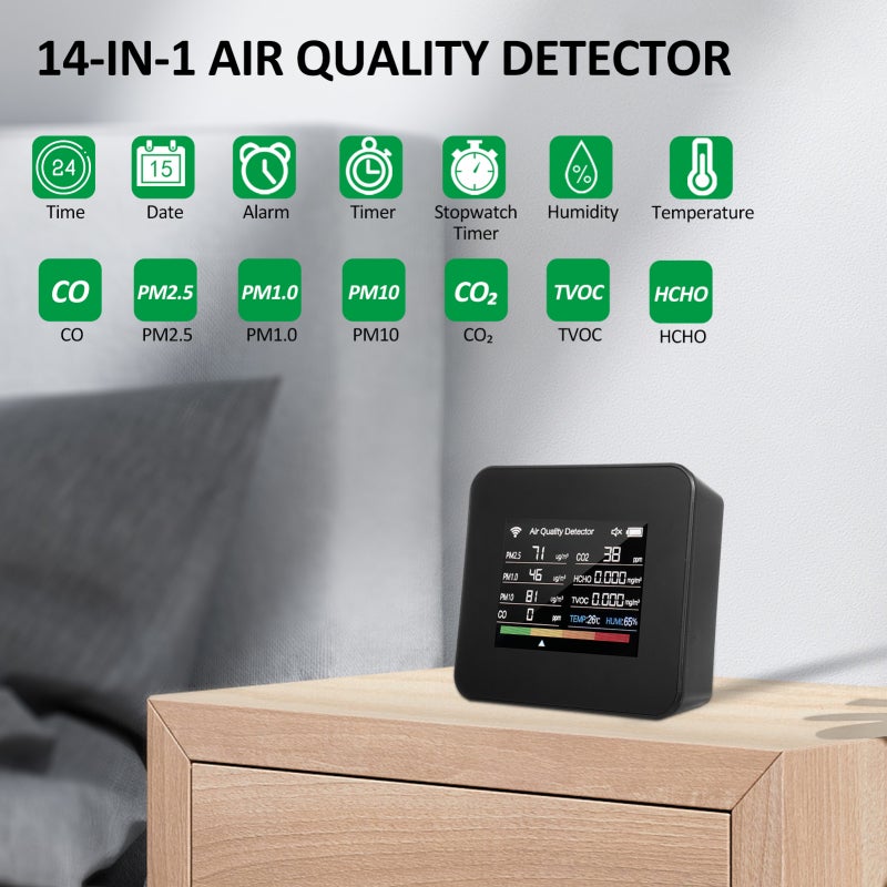 Air Quality Monitor 14-In-1 Black - 2.8Inch TFT Display With Backlight Air Quality Detector for Home Indoor Remote Monitoring - Image 3
