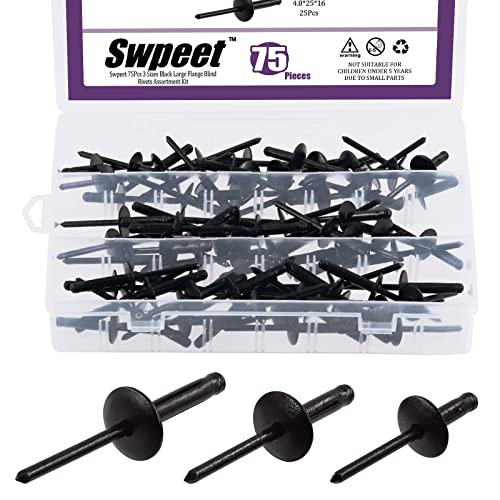 Swpeet 75Pcs 316 x 38 45 1 All Black Large Flange Aluminum Blind Rivets Kit Black Pop Rivets Open End Type Pop Rivet for Indoor and Outdoor Use - Image 1