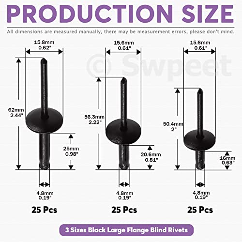 Swpeet 75Pcs 316 x 38 45 1 All Black Large Flange Aluminum Blind Rivets Kit Black Pop Rivets Open End Type Pop Rivet for Indoor and Outdoor Use - Image 3