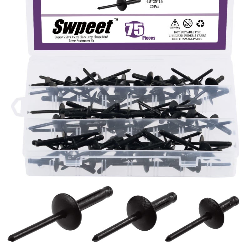 Swpeet 75Pcs 316 x 38 45 1 All Black Large Flange Aluminum Blind Rivets Kit Black Pop Rivets Open End Type Pop Rivet for Indoor and Outdoor Use - Image 2