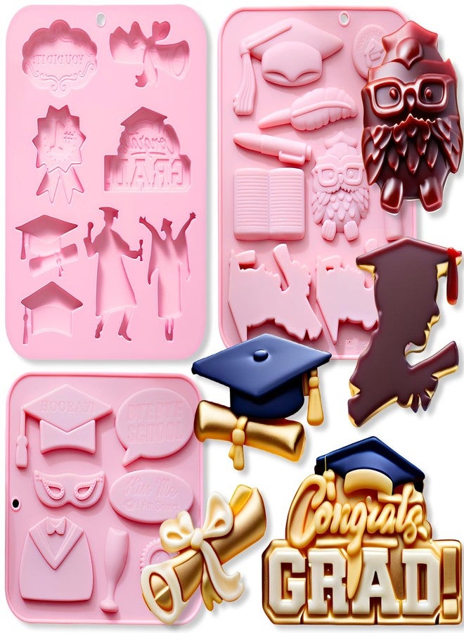 LLPMutu 3 PCS Graduation Silicone Molds Graduation Theme Silicone Chocolate Molds Graduation Cap Mold Diploma Owl Pens Books Scroll Cheering Doctoral Cap Congrats Grad Chocolate Mould for Grad Party Supplies - Image 1