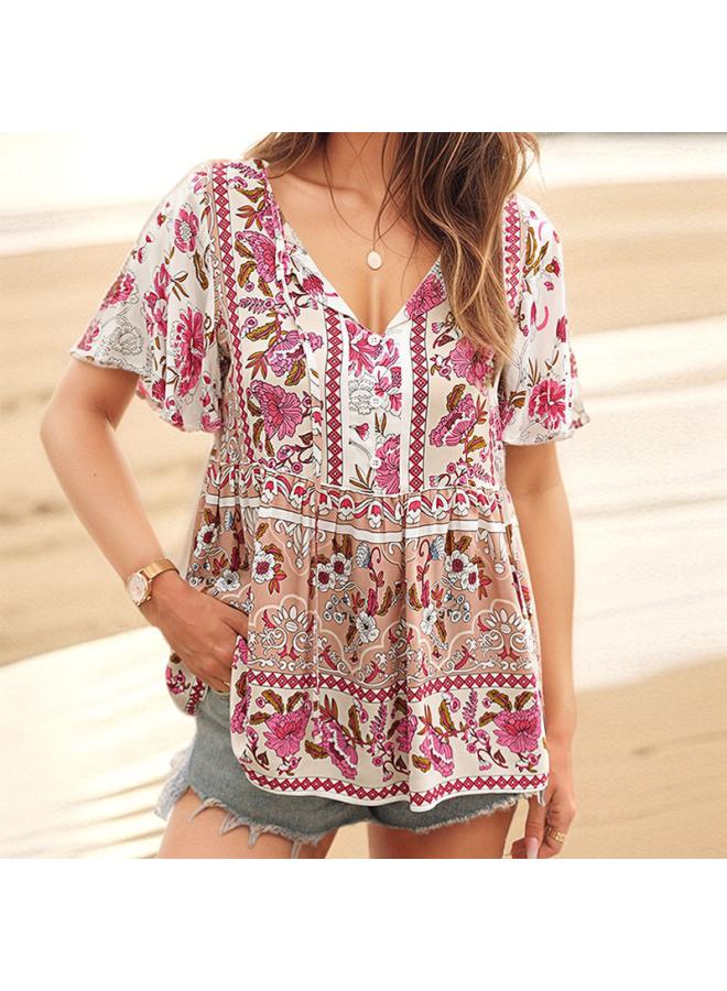 VUELO Summer New Women's Clothing European And American Casual Vacation Top Tie Printed Lotus-leaf Sleeve Shirt  - Image 1