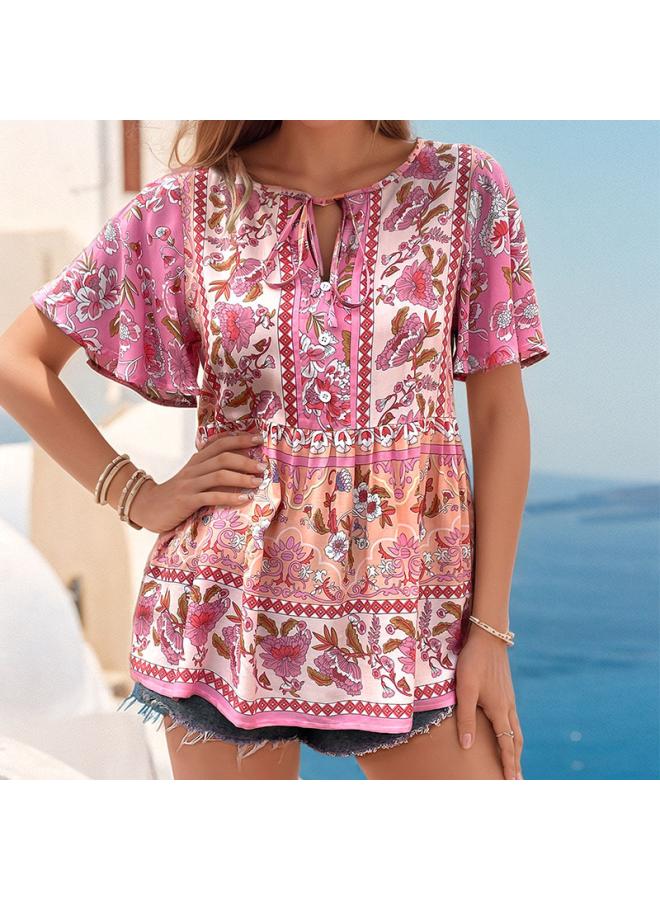 VUELO Summer New Women's Clothing European And American Casual Vacation Top Tie Printed Lotus-leaf Sleeve Shirt  - Image 3