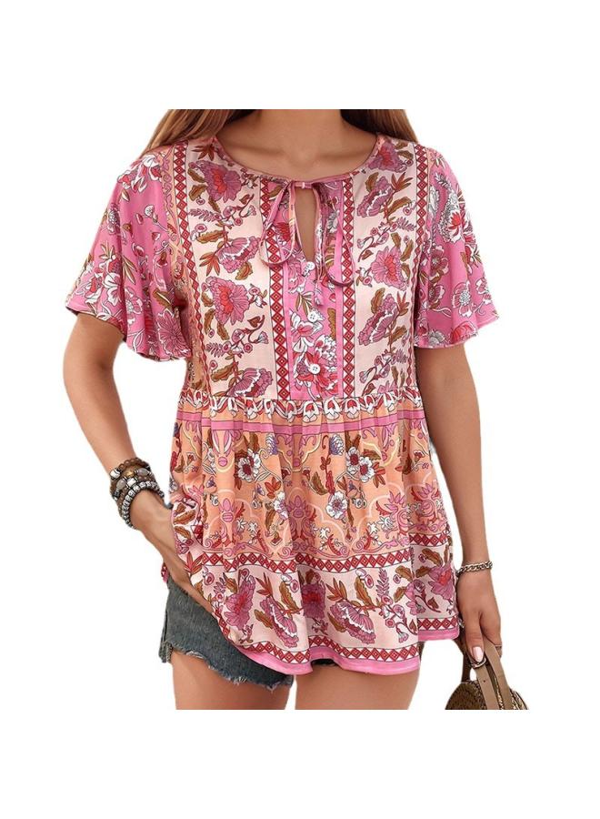 VUELO Summer New Women's Clothing European And American Casual Vacation Top Tie Printed Lotus-leaf Sleeve Shirt  - Image 5