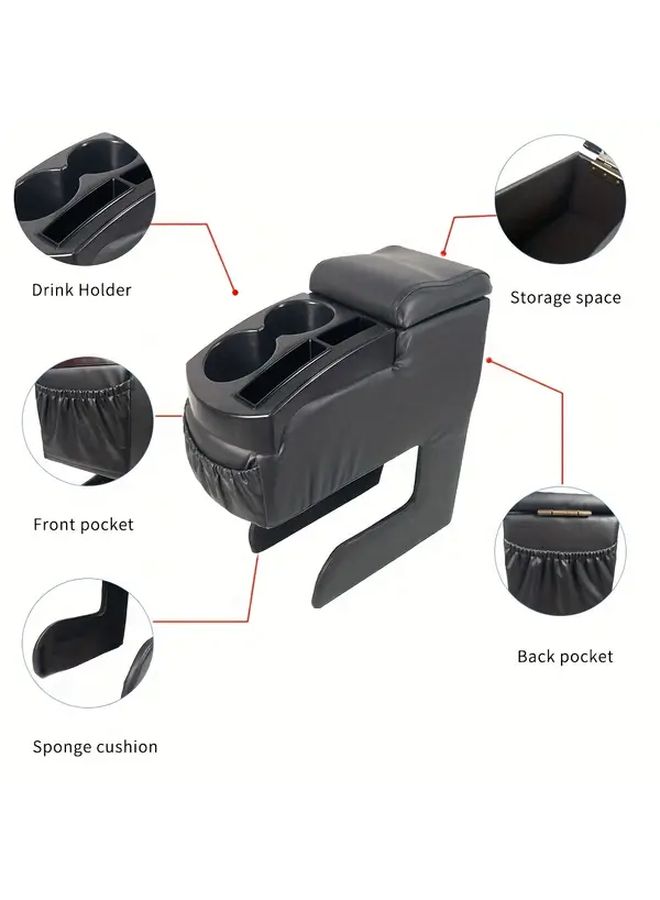 Upgraded Universal Car Armrest Box With Cup Holder Storage Compartment And Top Cover Cushion Controller Organizer For Sedan Truck SUV Van Most Vehicles Fit Black - Image 3