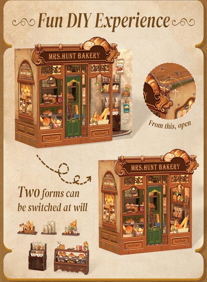 Cutefun Book Nook Kit - DIY Houses LED Lighting - Miniature House Wooden Model Dollhouse - 3D Wooden Puzzle Library for Adults and Teenagers (Mrs Hunt Bakery) - Image 4