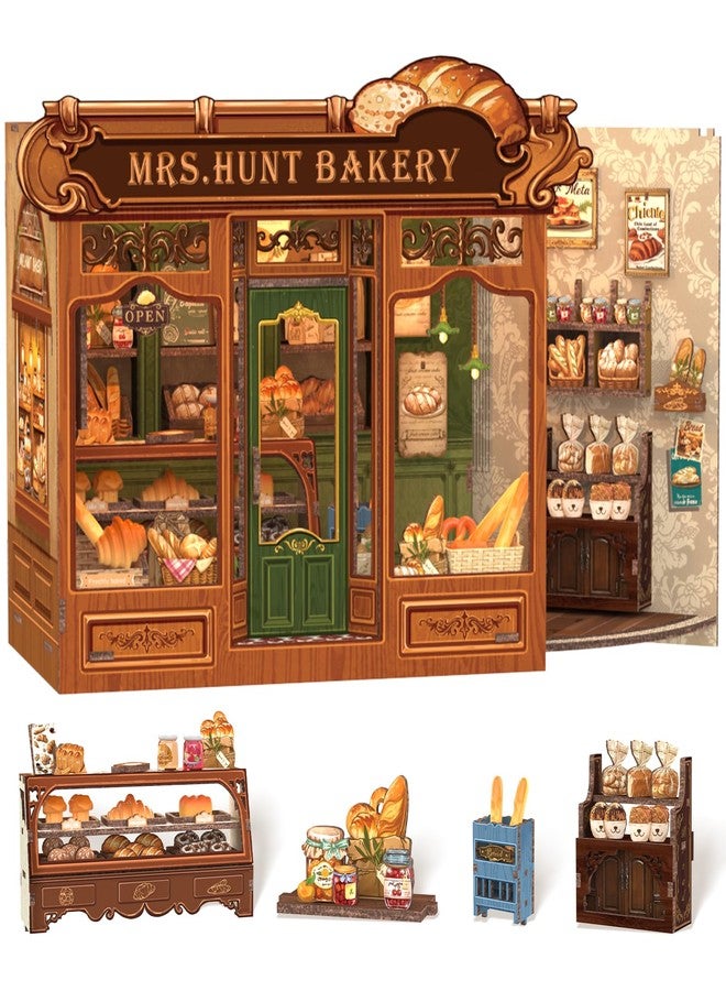 Cutefun Book Nook Kit - DIY Houses LED Lighting - Miniature House Wooden Model Dollhouse - 3D Wooden Puzzle Library for Adults and Teenagers (Mrs Hunt Bakery) - Image 1
