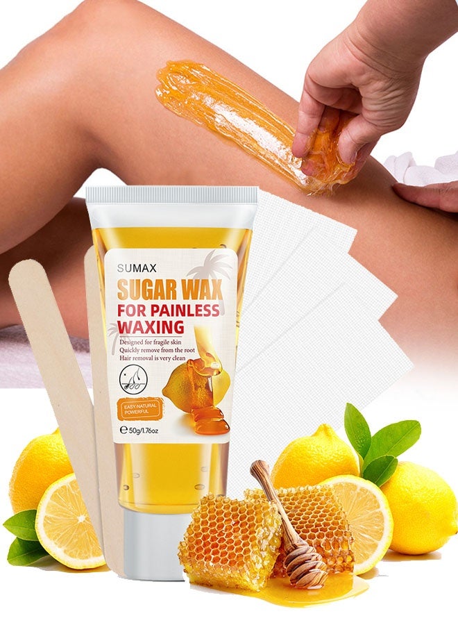 سوماكس طقم شمع السكر لإزالة الشعر، شمع طبيعي بدون حرارة للوجه، الساقين، الجسم، منطقة البكيني والحواجب، تركيبة لطيفة للبشرة الحساسة، لجميع مناطق الجسم، 50 جرام - Image 1