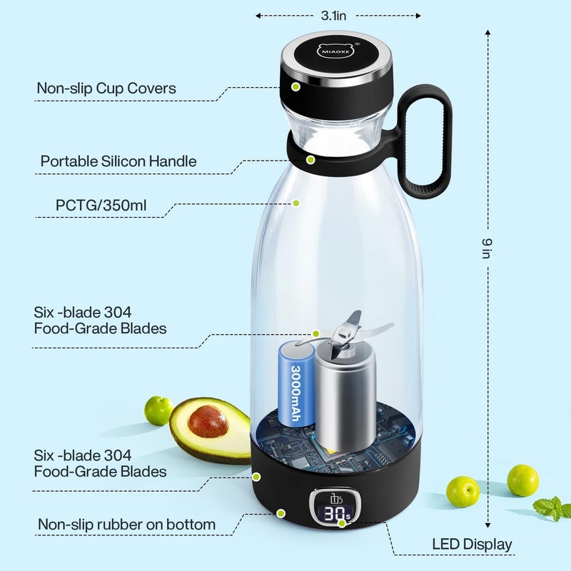 MIAOKE Portable Blender, 6 Blades Juicer Cup for Juice Shakes and Smoothies 350ml Mini Blender with Led Display Usb Rechargeable,3000Mah Rechargeable Battery, for Home Sports Outdoors Travel-Black - Image 5