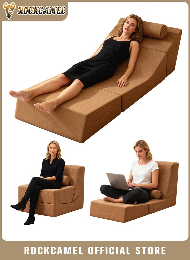 ROCKCAMEL عصا أريكة فائقة المرونة 3 في 1، سرير قابل للتحويل/كرسي بمسند ظهر/أريكة بمسند ظهر، قماش كتان قابل للتنفس، قابل للفصل والغسل، أريكة قابلة للطي متعددة الوظائف للشقة/الغرفة/المكتب، بني - Image 1