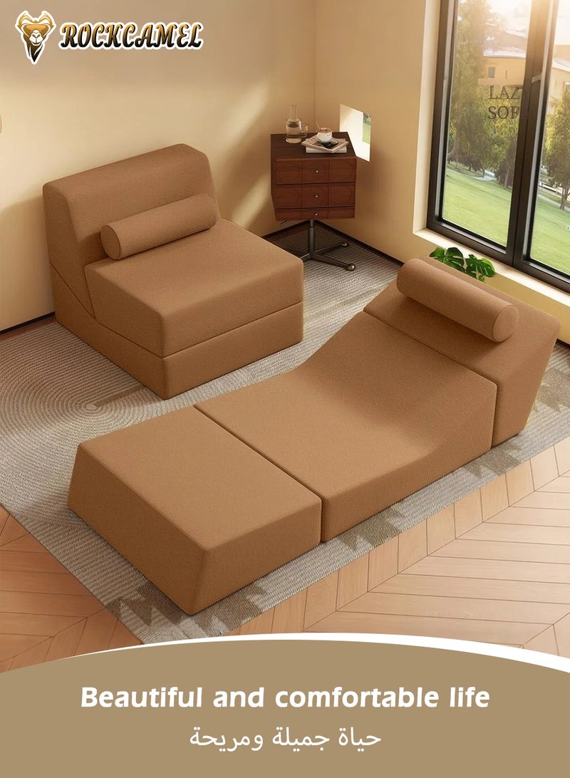 ROCKCAMEL عصا أريكة فائقة المرونة 3 في 1، سرير قابل للتحويل/كرسي بمسند ظهر/أريكة بمسند ظهر، قماش كتان قابل للتنفس، قابل للفصل والغسل، أريكة قابلة للطي متعددة الوظائف للشقة/الغرفة/المكتب، بني - Image 3