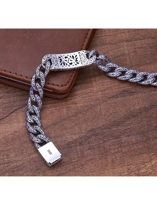 بومو الصلبة S925 فضة سوار الرجال خمر التايلاندية الفضة تنقش نمط هدية - Image 4