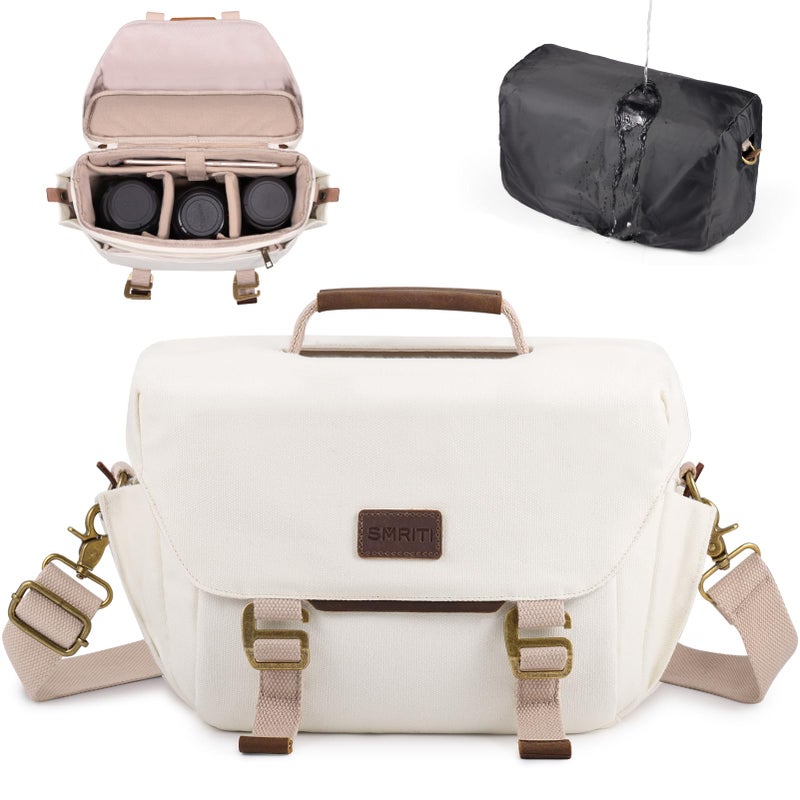 SMRITI Canvas Camera Bag Small- DSLR/SLR Waterproof Camera Bag for Canon/Sony/Nikon/Fuji, Cute Camera Sling Bag with Rain Cover, Travel Crossbody Camera Case Bag for Women Men Photographer (White) - Image 1
