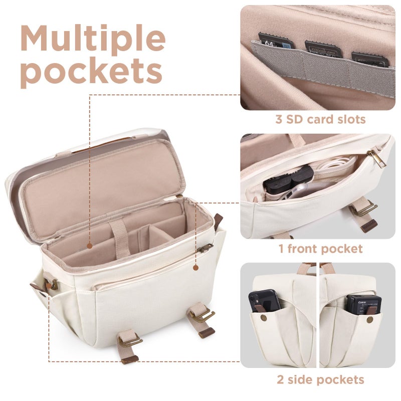 SMRITI Canvas Camera Bag Small- DSLR/SLR Waterproof Camera Bag for Canon/Sony/Nikon/Fuji, Cute Camera Sling Bag with Rain Cover, Travel Crossbody Camera Case Bag for Women Men Photographer (White) - Image 5
