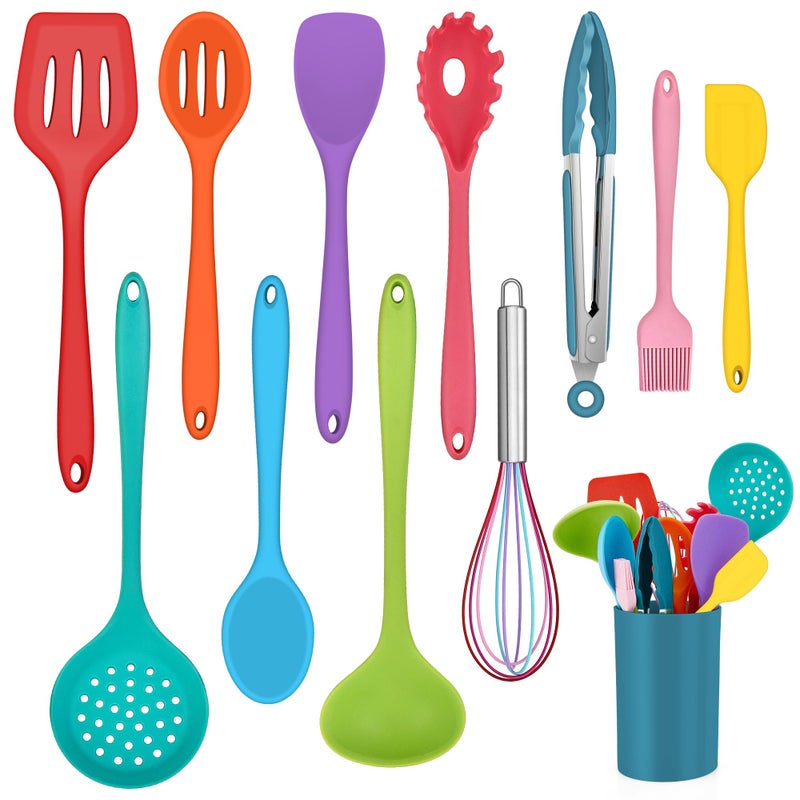 Onader Kitchen Utensil Set 12 Piece Silicone Cooking Utensils with Holder Heat Resistant Kitchen Tools Turner Spatula Spoon for NonStick Cookware Easy Clean  Dishwasher Safe Multicolor