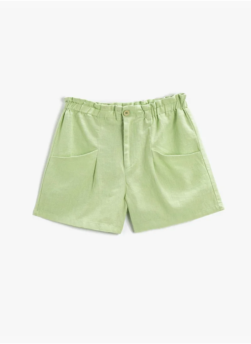 كوتون Linen Blend Pocket Shorts Elastic Waist
