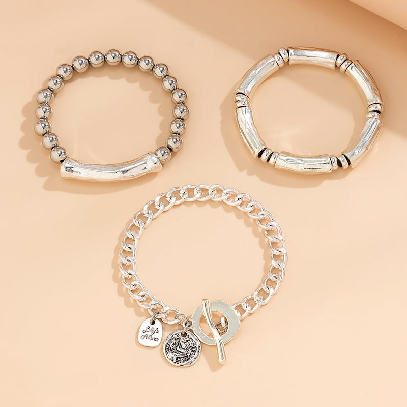 Jumwrit 3pcs Boho Layered Beaded Bracelets Set for Women Dainty Stretch Elastic Round Ball Beads Tube Chunky Chain Bracelets Stackable Silver Toggle Cuban Link Bracelets Trendy Jewelry - Image 5