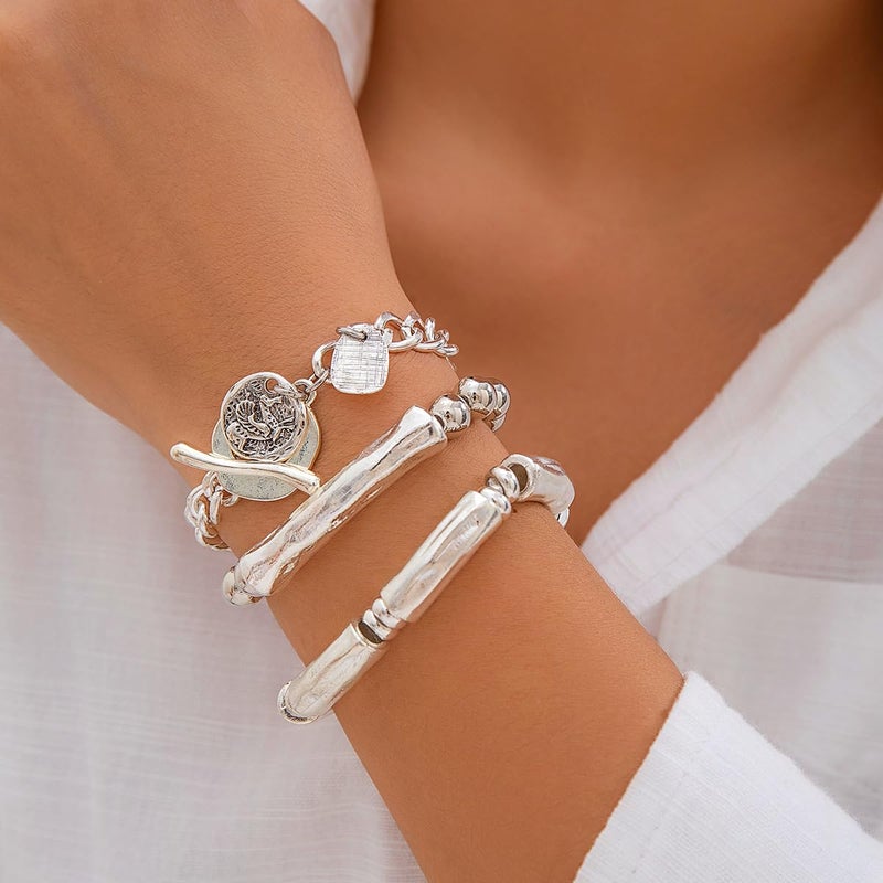 Jumwrit 3pcs Boho Layered Beaded Bracelets Set for Women Dainty Stretch Elastic Round Ball Beads Tube Chunky Chain Bracelets Stackable Silver Toggle Cuban Link Bracelets Trendy Jewelry - Image 3