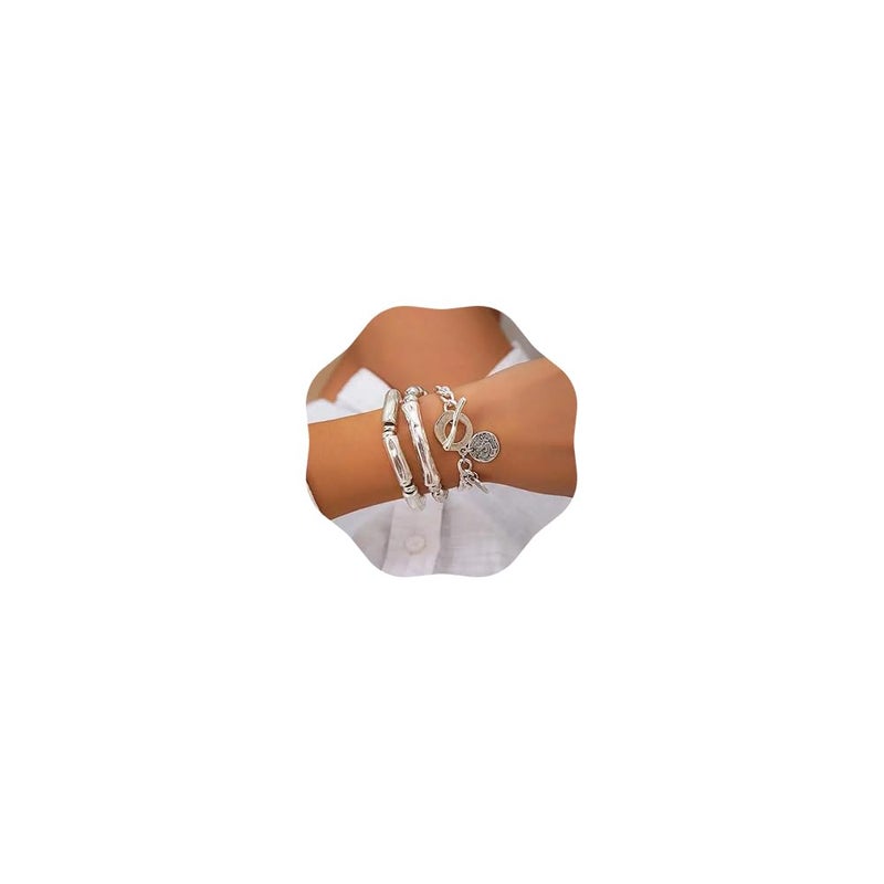 Jumwrit 3pcs Boho Layered Beaded Bracelets Set for Women Dainty Stretch Elastic Round Ball Beads Tube Chunky Chain Bracelets Stackable Silver Toggle Cuban Link Bracelets Trendy Jewelry - Image 1