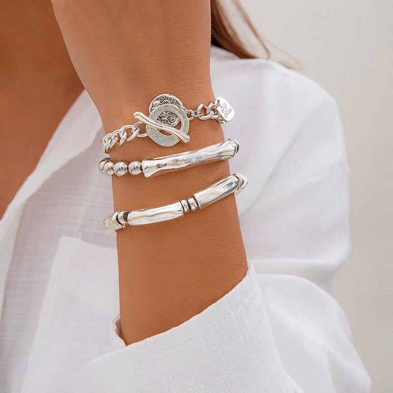Jumwrit 3pcs Boho Layered Beaded Bracelets Set for Women Dainty Stretch Elastic Round Ball Beads Tube Chunky Chain Bracelets Stackable Silver Toggle Cuban Link Bracelets Trendy Jewelry - Image 2