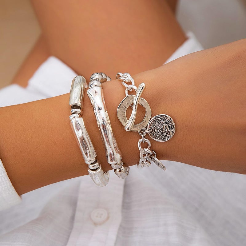 Jumwrit 3pcs Boho Layered Beaded Bracelets Set for Women Dainty Stretch Elastic Round Ball Beads Tube Chunky Chain Bracelets Stackable Silver Toggle Cuban Link Bracelets Trendy Jewelry - Image 4