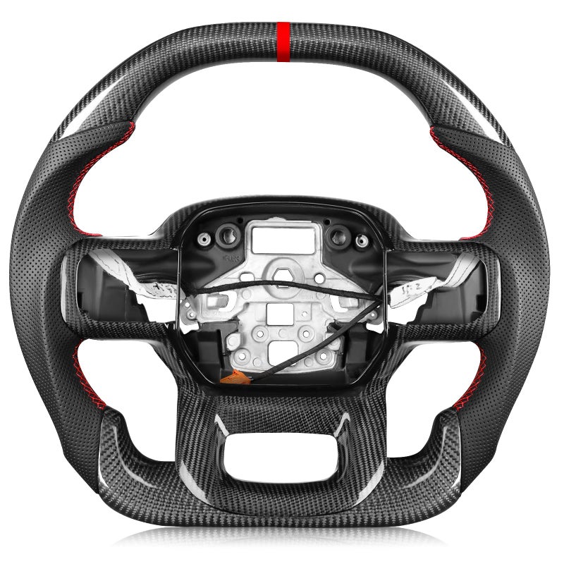 TESFEEL Steering Wheel for F150 Raptor 20212024 Real Carbon Fiber DoubleD Design Red StripeStitching with Heated Nappa Preforated Leather Grip Compatible with Raptor with Paddle Shifters Models