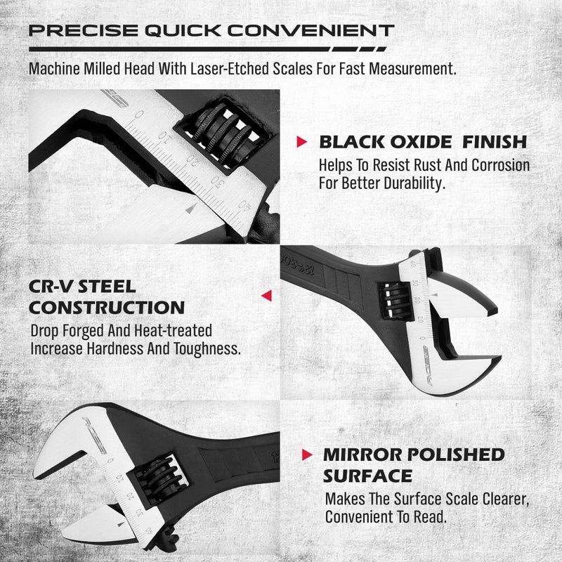 SEDY Adjustable Wrench Set Wrenches Sets: 4-Piece 6, 8, 10, 12 Inch Chrome Vanadium Steel Corrosion-Resistant Black Oxide Finish for Automotive Plumbing and Household Repairs - Image 3