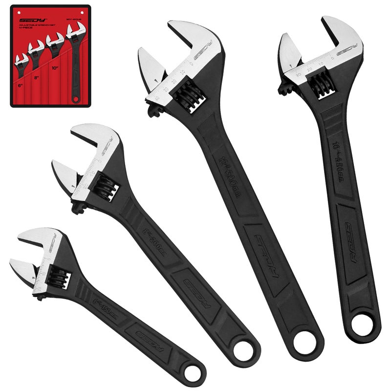 SEDY Adjustable Wrench Set Wrenches Sets: 4-Piece 6, 8, 10, 12 Inch Chrome Vanadium Steel Corrosion-Resistant Black Oxide Finish for Automotive Plumbing and Household Repairs - Image 1
