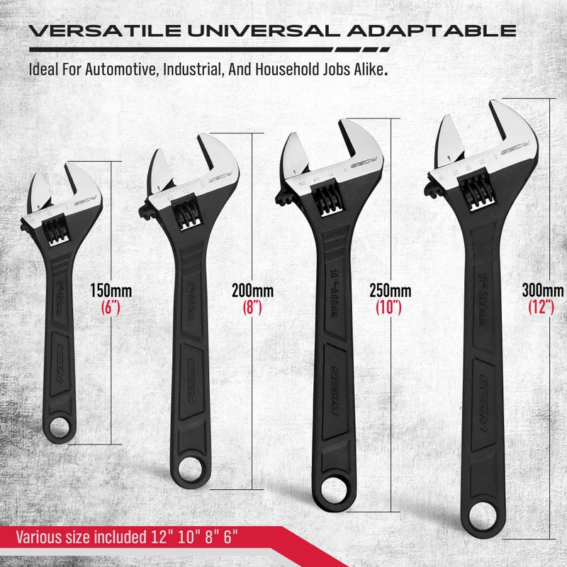 SEDY Adjustable Wrench Set Wrenches Sets: 4-Piece 6, 8, 10, 12 Inch Chrome Vanadium Steel Corrosion-Resistant Black Oxide Finish for Automotive Plumbing and Household Repairs - Image 5