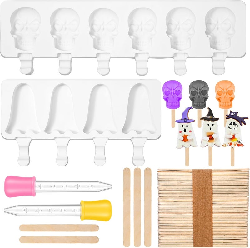 FillTouch 2 Pack Halloween Silicone Ice Cream Mold Homemade Cakesicle Mold Kits Silicone Ghost Skull Ice Pops with 50 Wooden Sticks and 2 Droppers Craft Sticks for Baking and Home Snacks DIY - Image 1