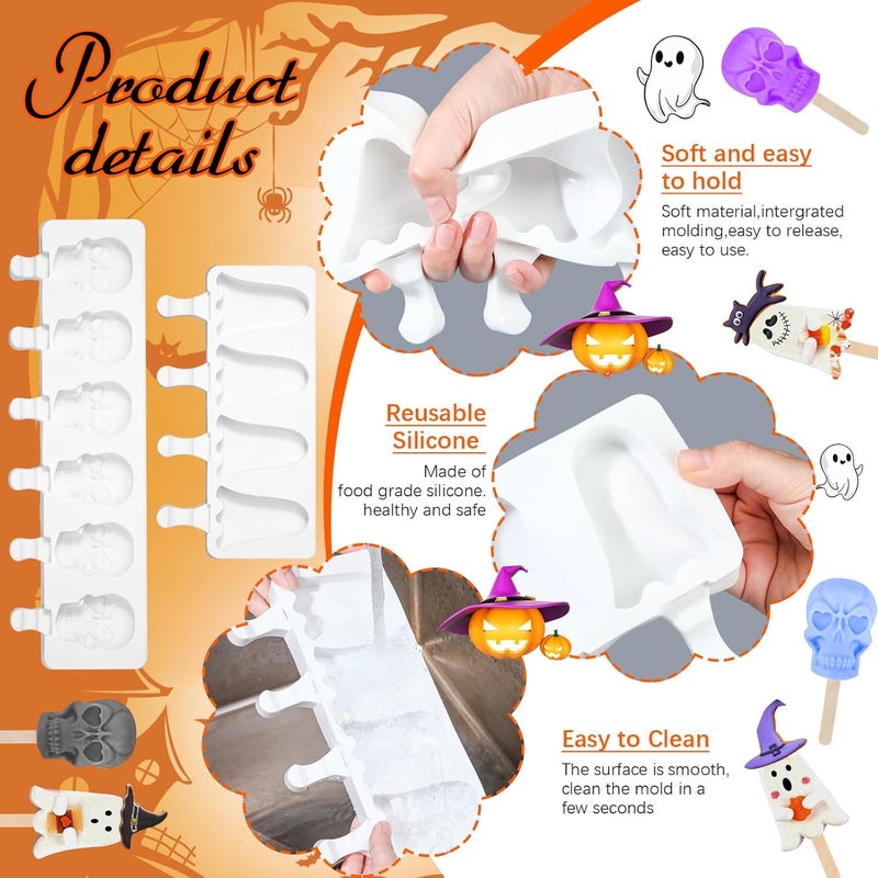 FillTouch 2 Pack Halloween Silicone Ice Cream Mold Homemade Cakesicle Mold Kits Silicone Ghost Skull Ice Pops with 50 Wooden Sticks and 2 Droppers Craft Sticks for Baking and Home Snacks DIY - Image 5