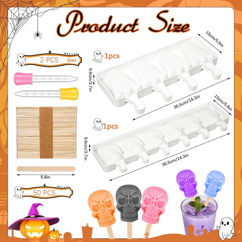 FillTouch 2 Pack Halloween Silicone Ice Cream Mold Homemade Cakesicle Mold Kits Silicone Ghost Skull Ice Pops with 50 Wooden Sticks and 2 Droppers Craft Sticks for Baking and Home Snacks DIY - Image 2