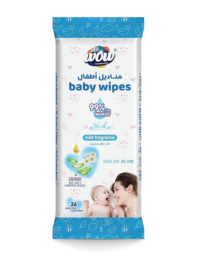 WOW Baby Wipes -Mild  Fragrance 99% Water Wipes | Extra Thick Long Wipes with Organic Aloe Vera, Chamomile Extract and Vitamin E, Gentle on sensitive skin| 26's Pack of 12 | 312 Wipes - Image 2
